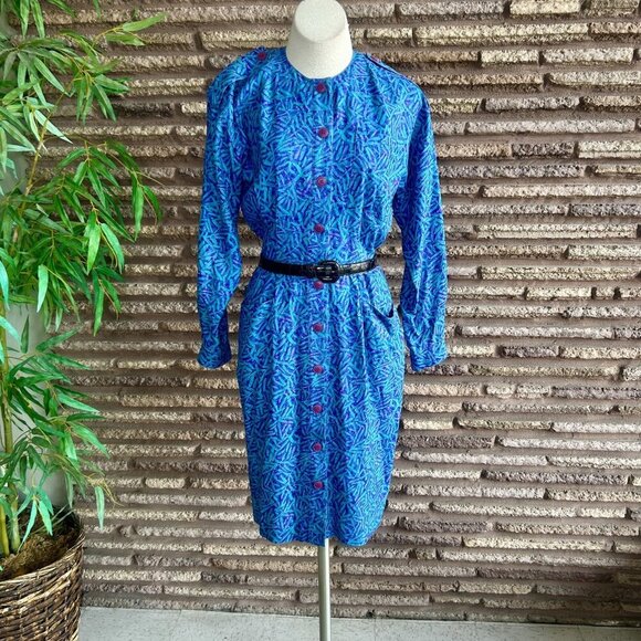 St. Gillian Vintage 80s Blue Purple Print 100% Silk Military Shirt Dress Size 6 - Picture 5 of 10